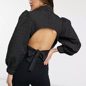 New Ghospell Black Cocoon‎ Sleeve Backless Blouse with Bow Crop Top Blouse Large